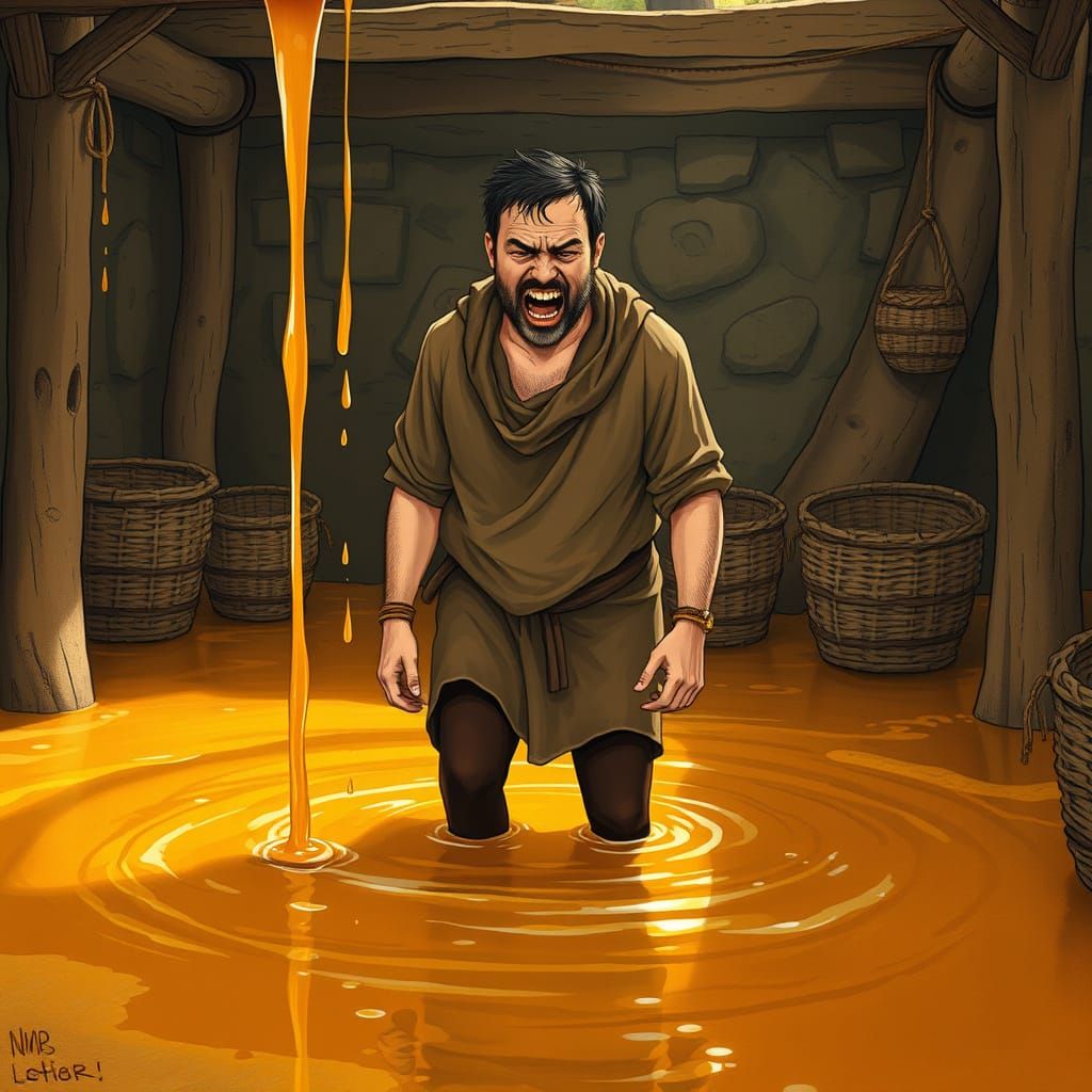 Man Stuck in Honey Pool, Embarrassed and Frustrated