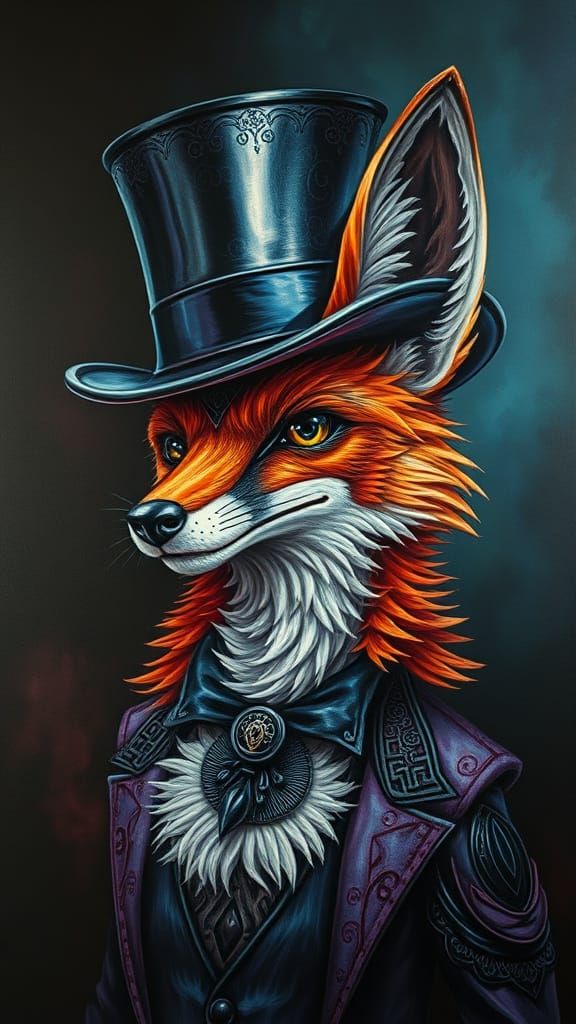 Iron Colored Fox wearing a Top Hat Tim Burton contrasting co...