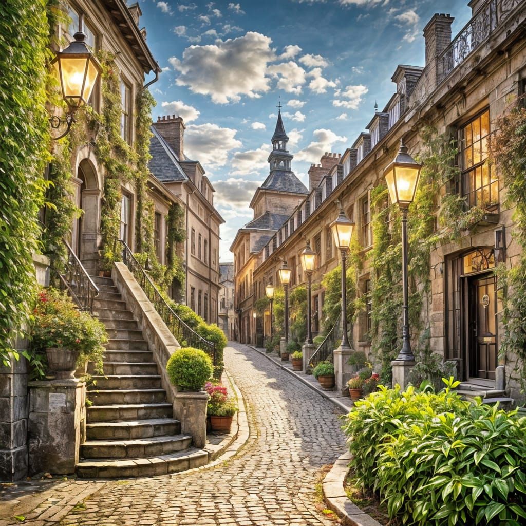 Autumn Cobblestone Stairs Bathed in Vintage Street Light