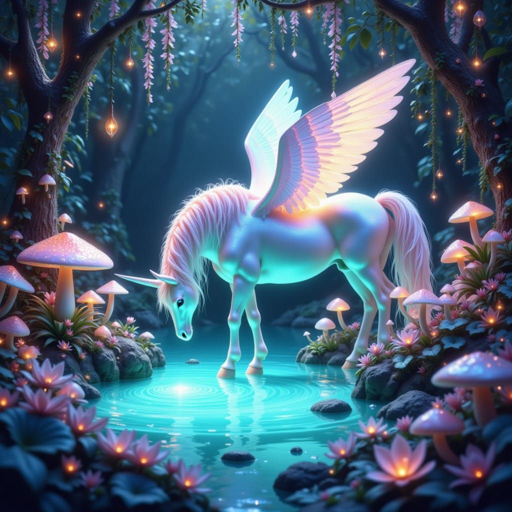Shimmering Pegasus in Bioluminescent Grotto