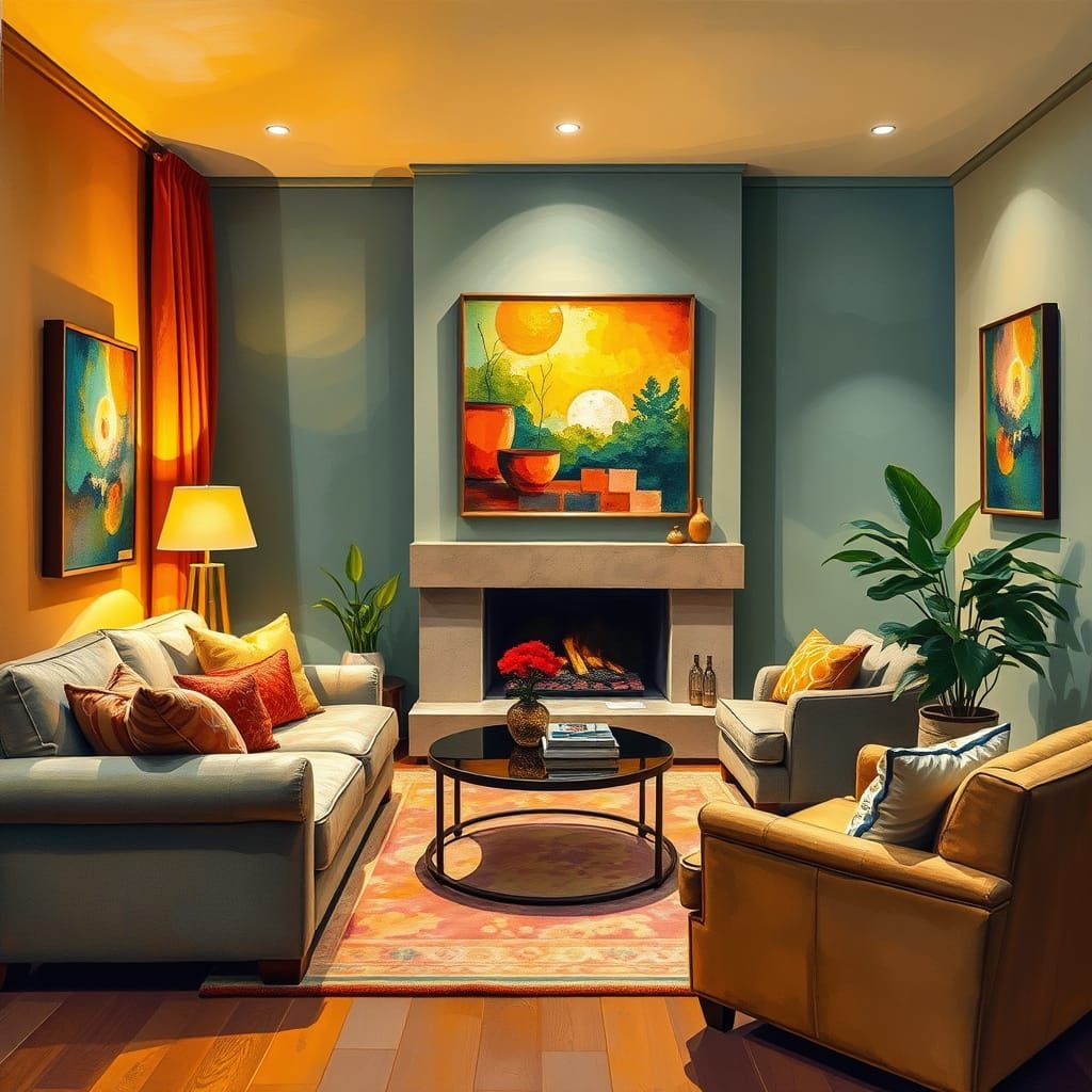 Cozy Living Room in Gouache and Watercolor Style