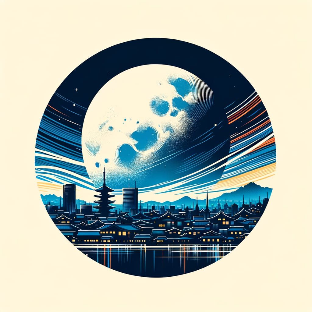 Traditional Japanese Nighttime Kyoto Skyline in Blue Tones