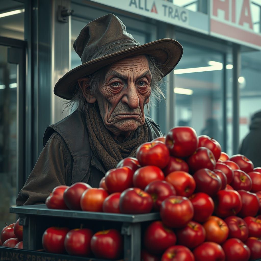 Surreal Crone Offers Glowing Apples in Modern Market