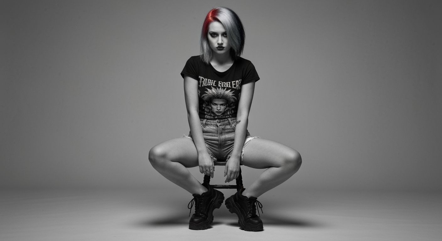 Rebellious Punk Girl with Asymmetrical Hairstyle in High-Con...