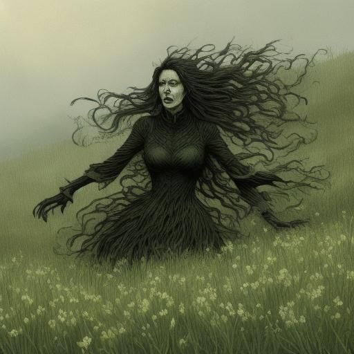<lora:Surreal Shivers:1.0> A scary female hag banshee scaring a lone sheepherder in a meadow in Killarney with glistenin...