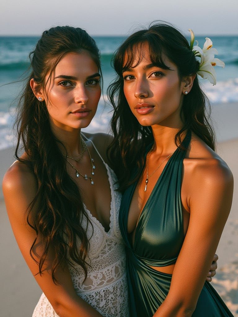 Two Brides on Tropical Beach at Sunset, Photorealistic