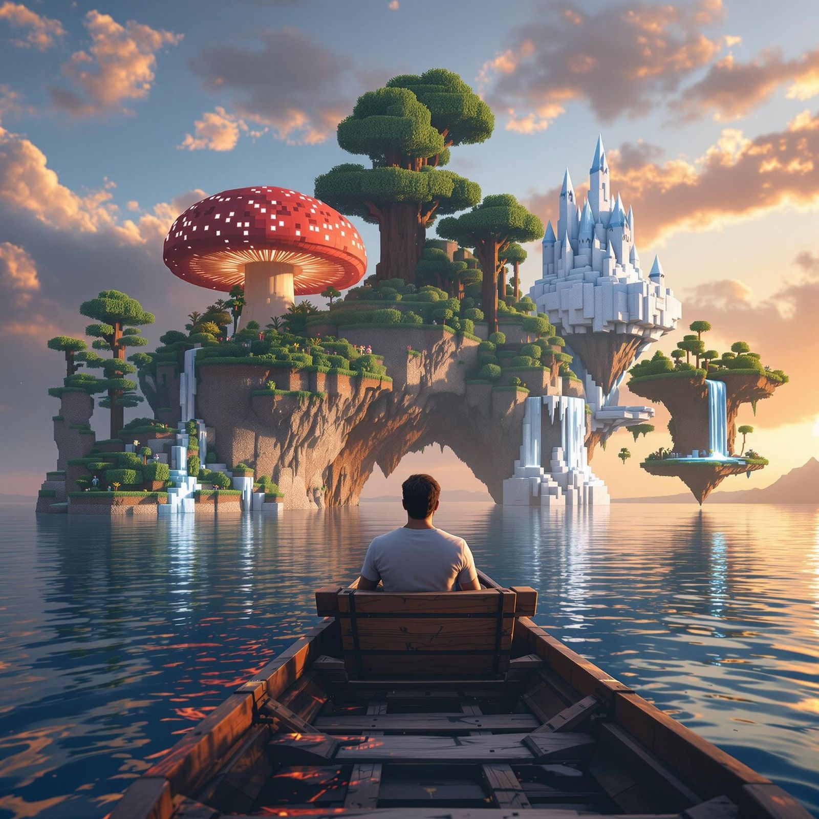 A hyper-realistic scene of a man sitting in a small wooden b...