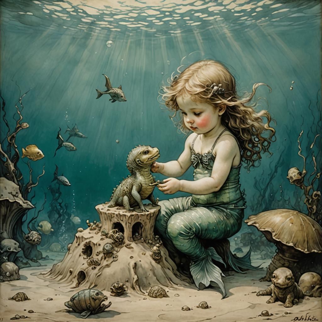Mermaid Child Builds Sandcastle: Arthur Rackham Style