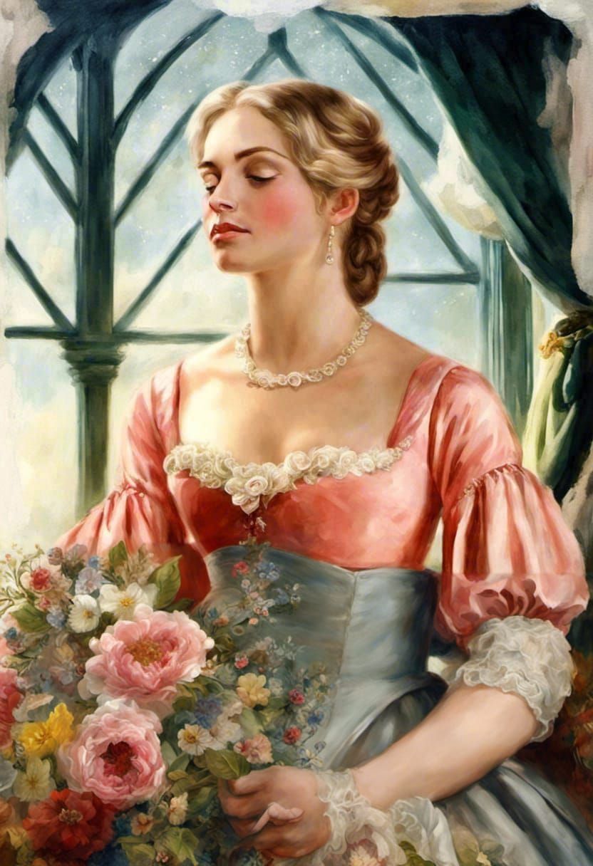 HISTORICAL romance cover art Regency ERA ENGLAND "LADY WITH LARGE ARRANGEMENT OF MIXED FLOWERS IN ARMS EYES CLOSED, oil...