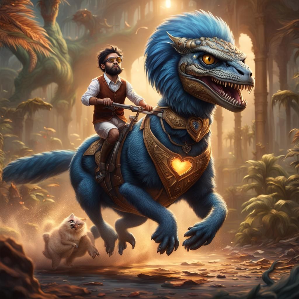 Persian Cat Riding Velociraptor: Detailed Matte Painting