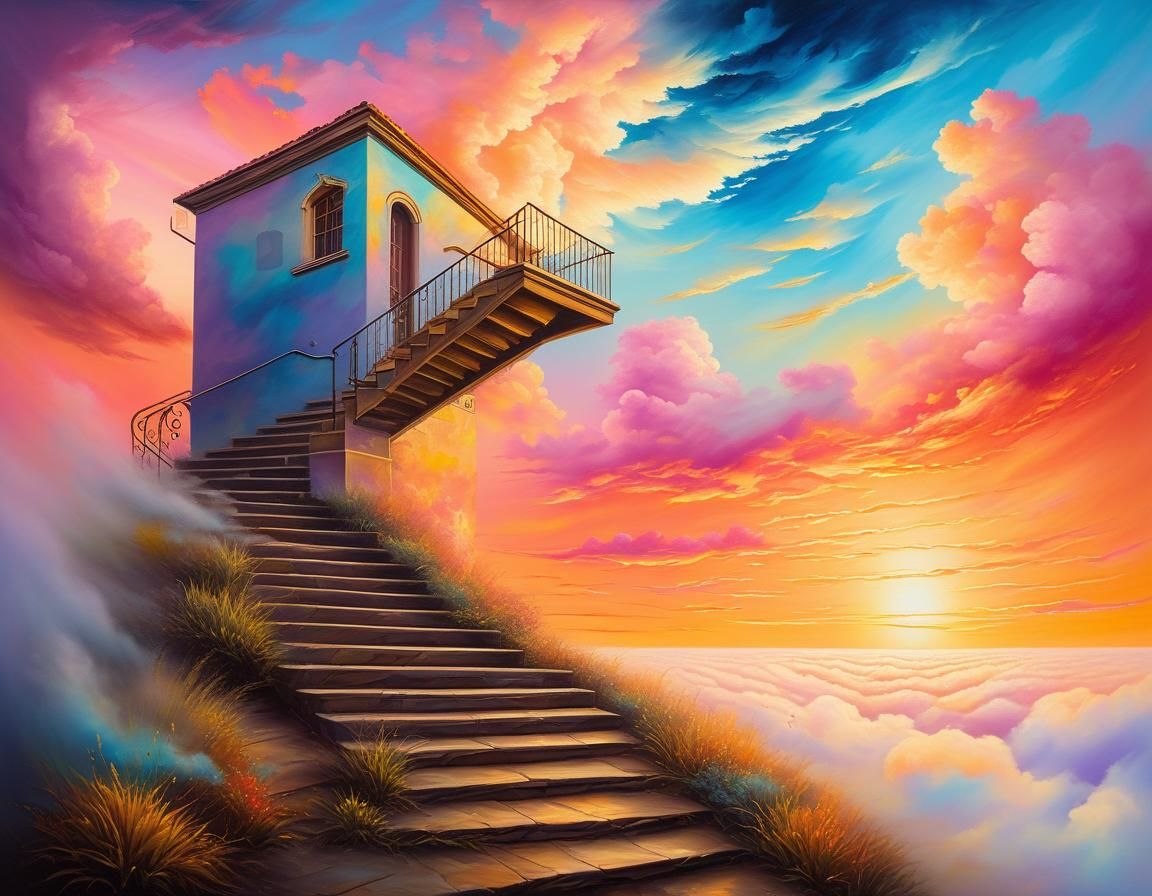 Surreal Staircase in Sky: Oil Painting with Sunset Colors
