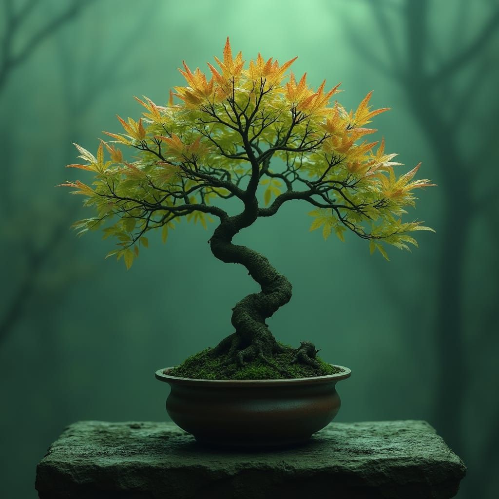 Maple Bonsai in Jar: Surreal Digital Art