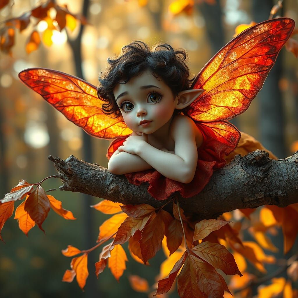 Fairy on Autumn Branch, Photorealistic Digital Art