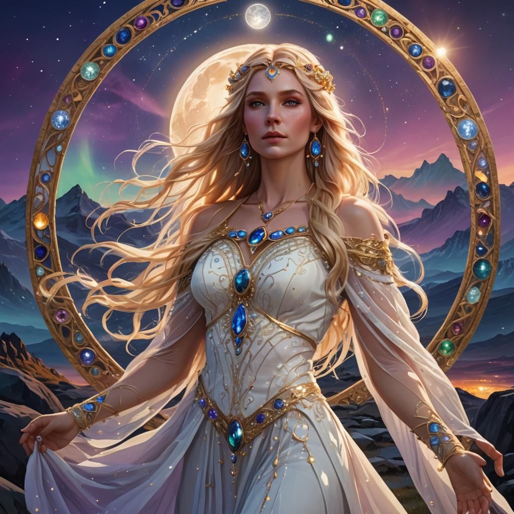 Goddess in Stone Circle with Aurora, Fantasy Art