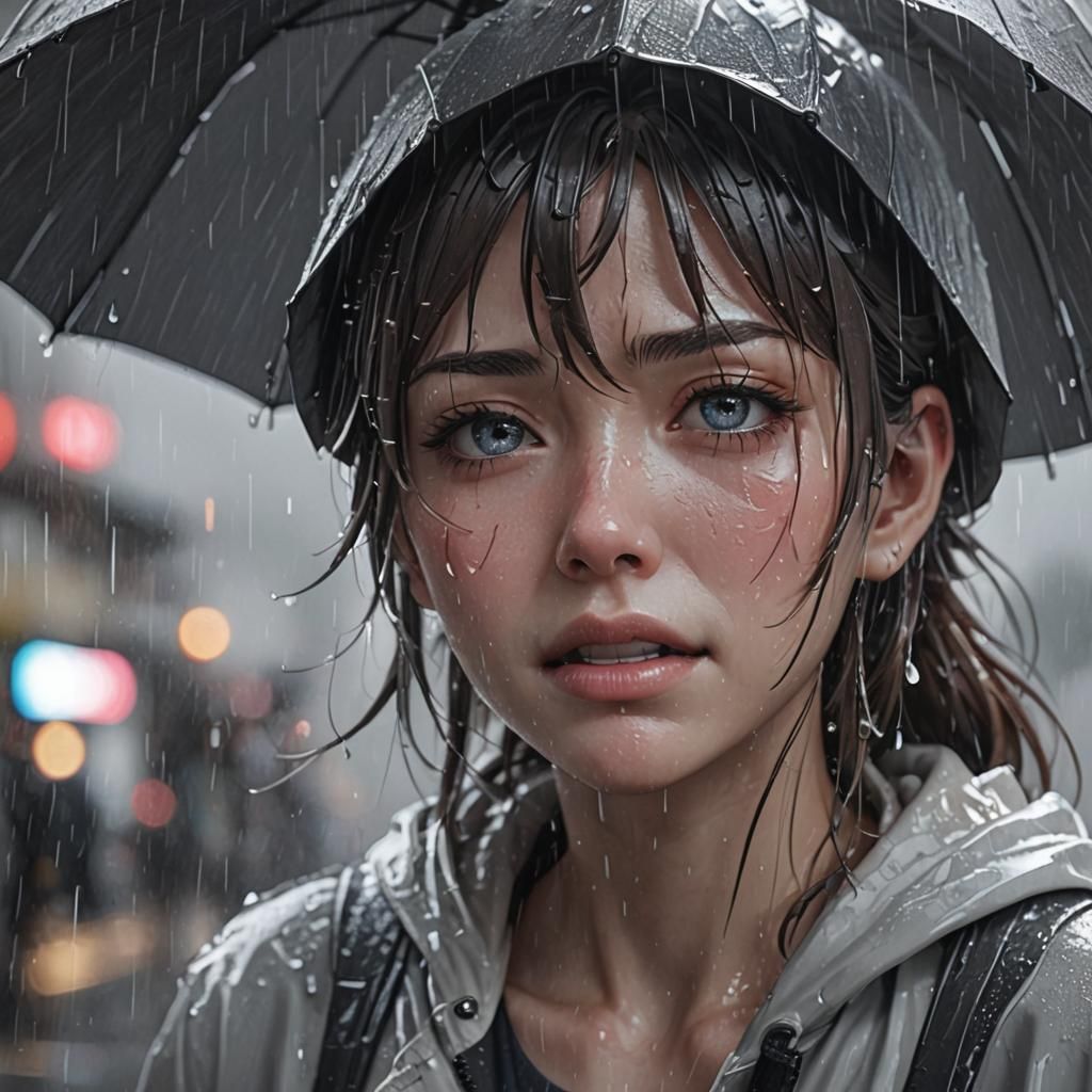 Crying Face in Rain: 3D Anime Art