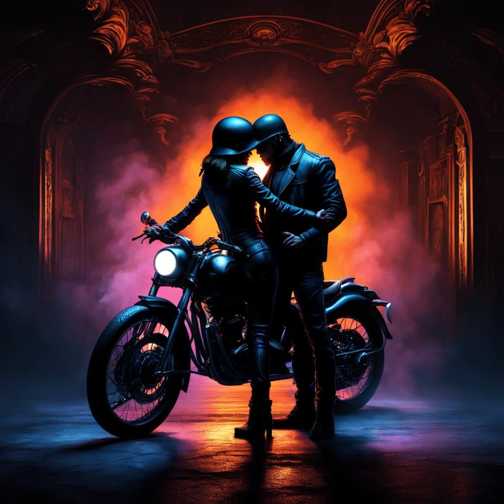 Dark Fantasy Biker Couple in Volumetric Mist