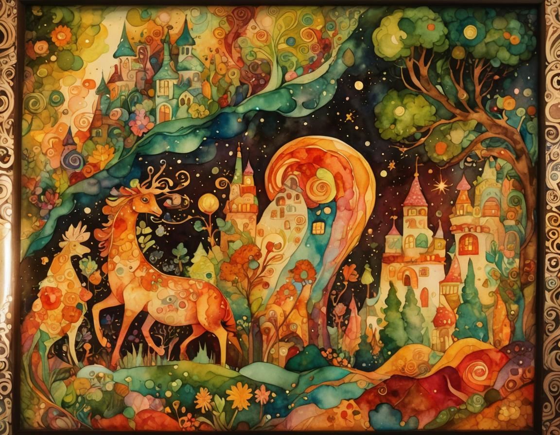 Vibrant Watercolor Abstract Candyland Dreamscape in Klimt St...