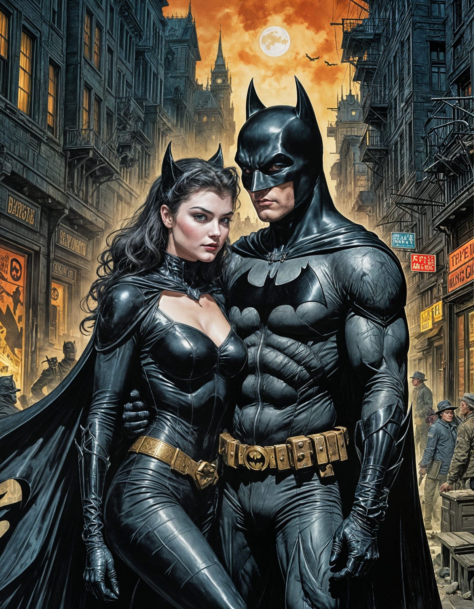 Batman and Catwoman in Expressive Ink Wash Art