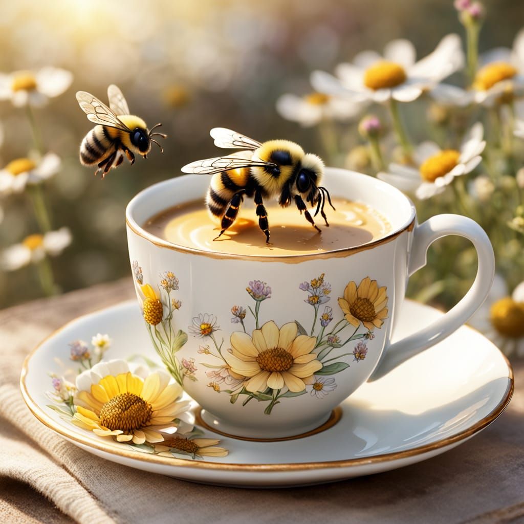Sleepy Bumblebee's Coffee Break: Whimsical Watercolor Art