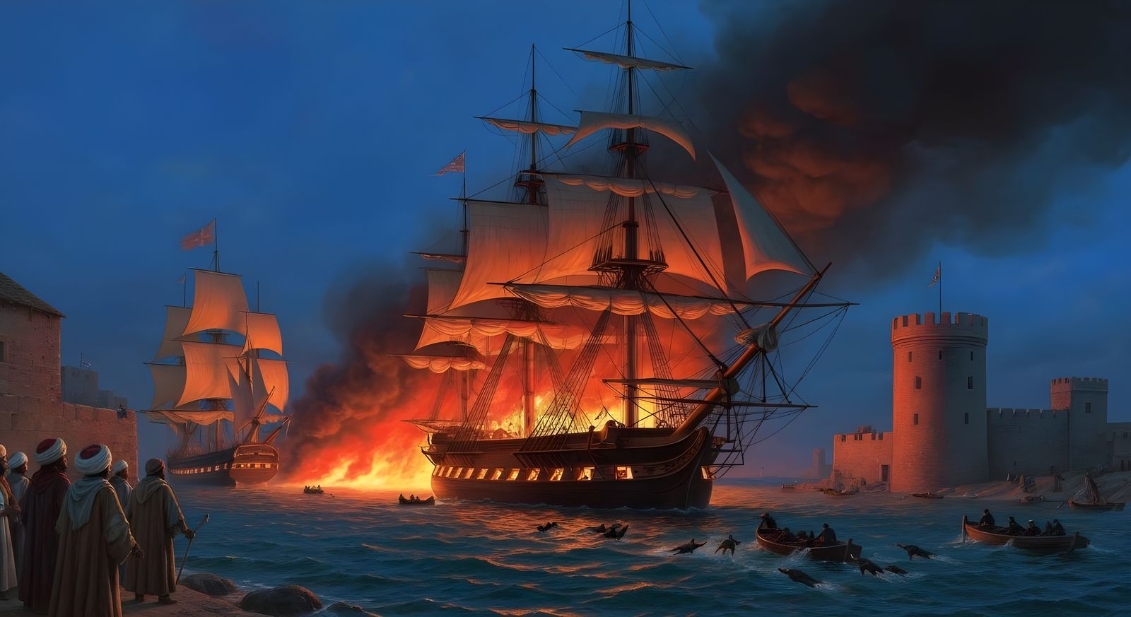 Burning of USS Philadelphia as Naval Scene