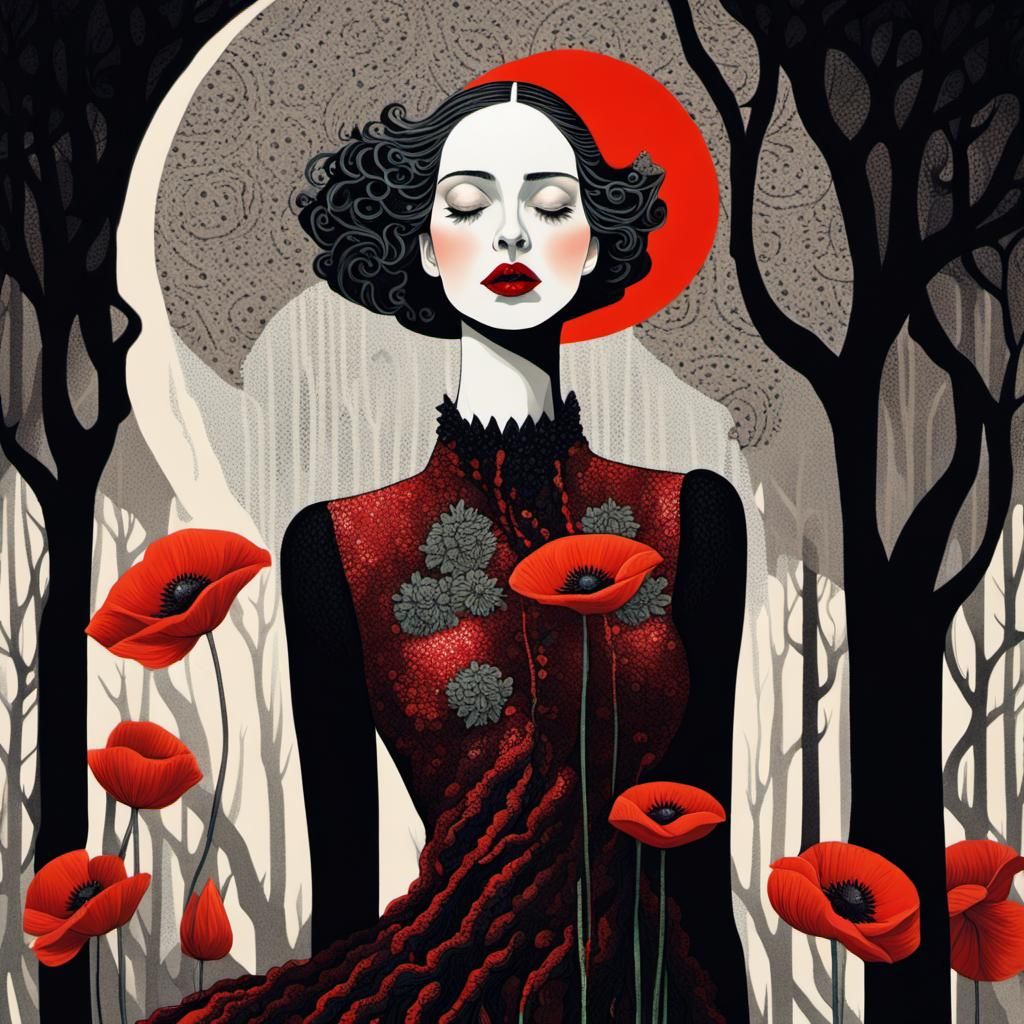 Surreal Woman with Poppy in Art Deco Style