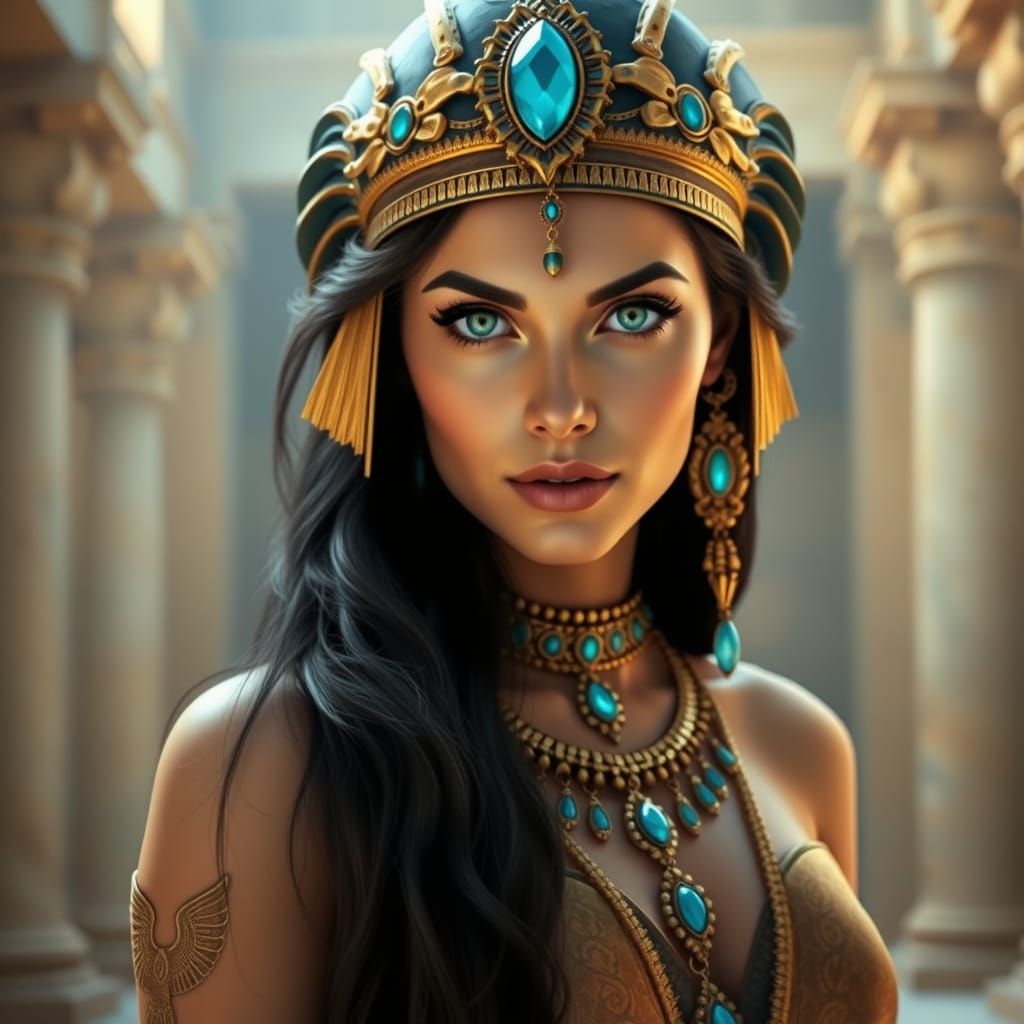 Ancient Egyptian Queen Portrait in Luxurious Headdress