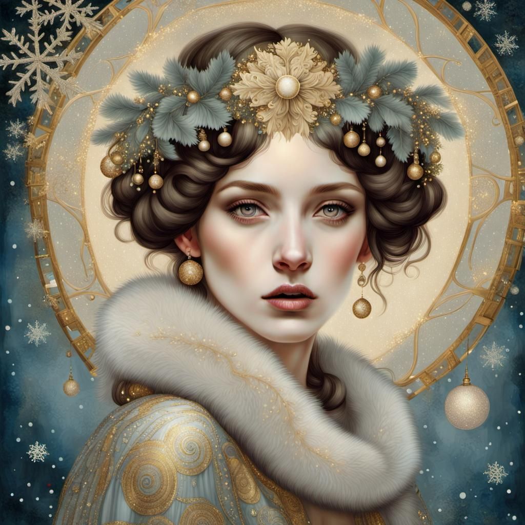 Beautiful Winter Woman Portrait in Art Nouveau Style