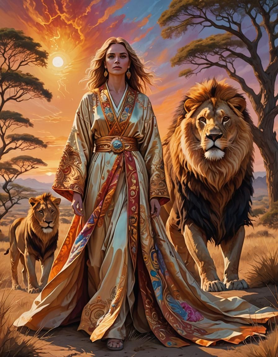 Fantasy Woman Surrounded by Majestic Lion in a Vast, Golden....