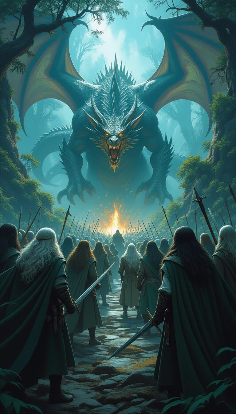 Epic Fantasy Battle Scene in Elven Lands