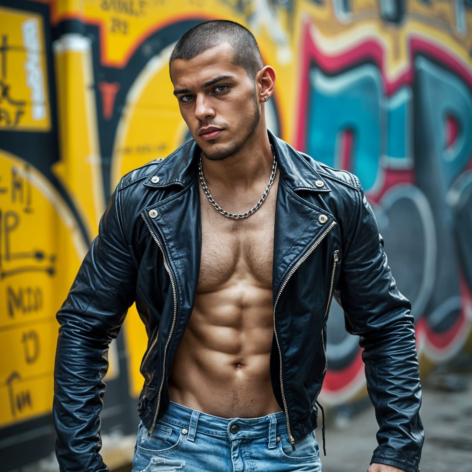 Urban Cuban Man in Leather Jacket with Graffiti