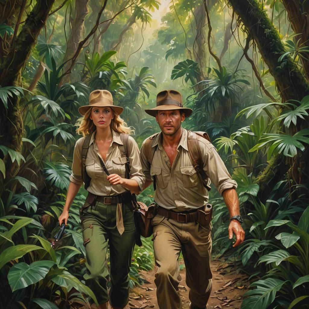 Indiana Jones and Blonde Adventurer Navigate Jungle Ruins in...
