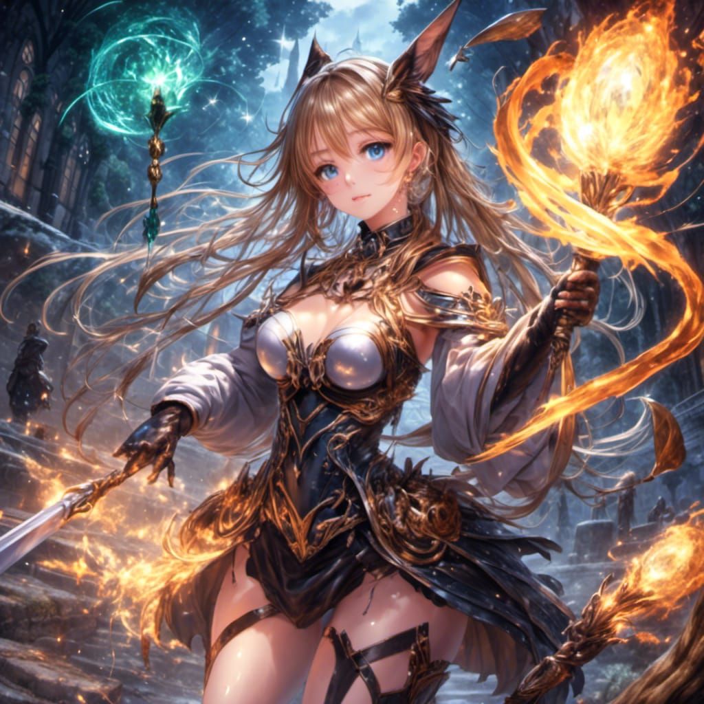 Anime Style Female Wizard with Book and Staff