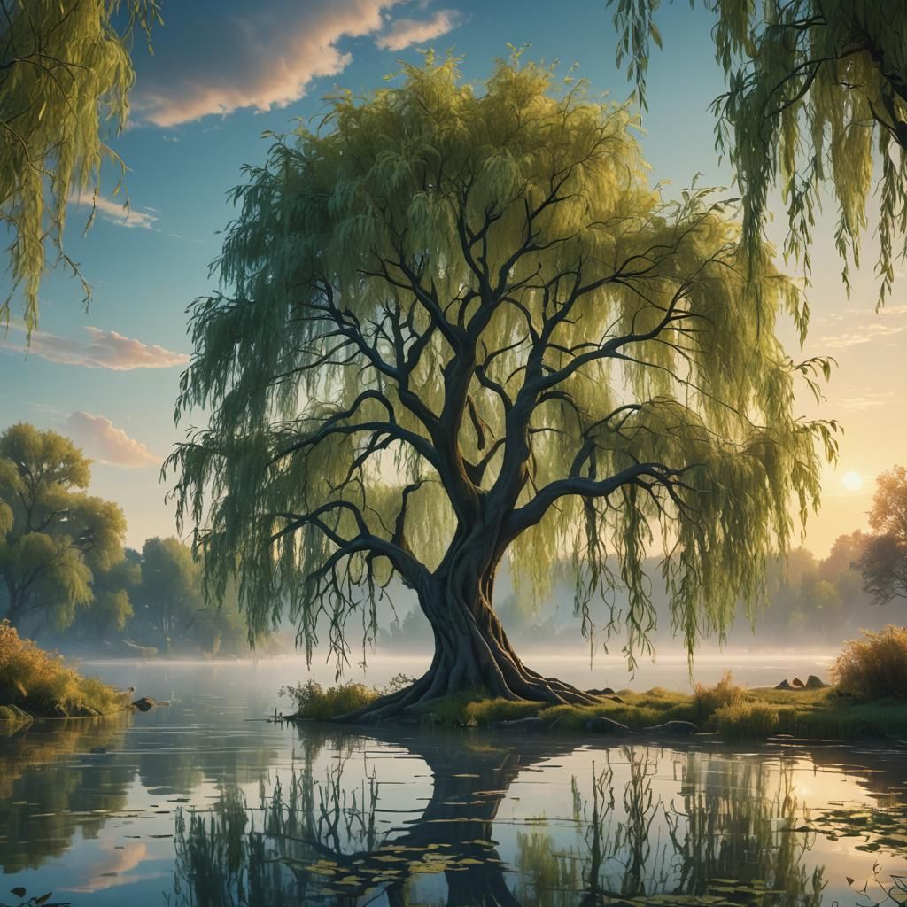 Willow Tree at Lakeshore: Fantasy Matte Painting