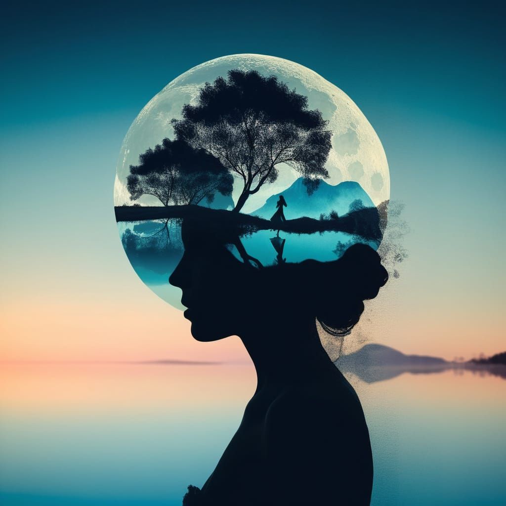 Surreal Woman Silhouette Caught Between Moonslit and Water