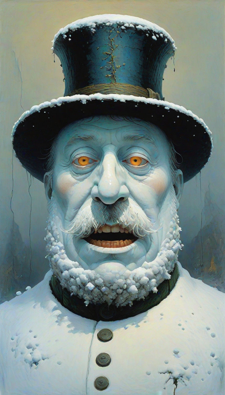 A realistic portrait of a snowman with sharp, spooky teeth....