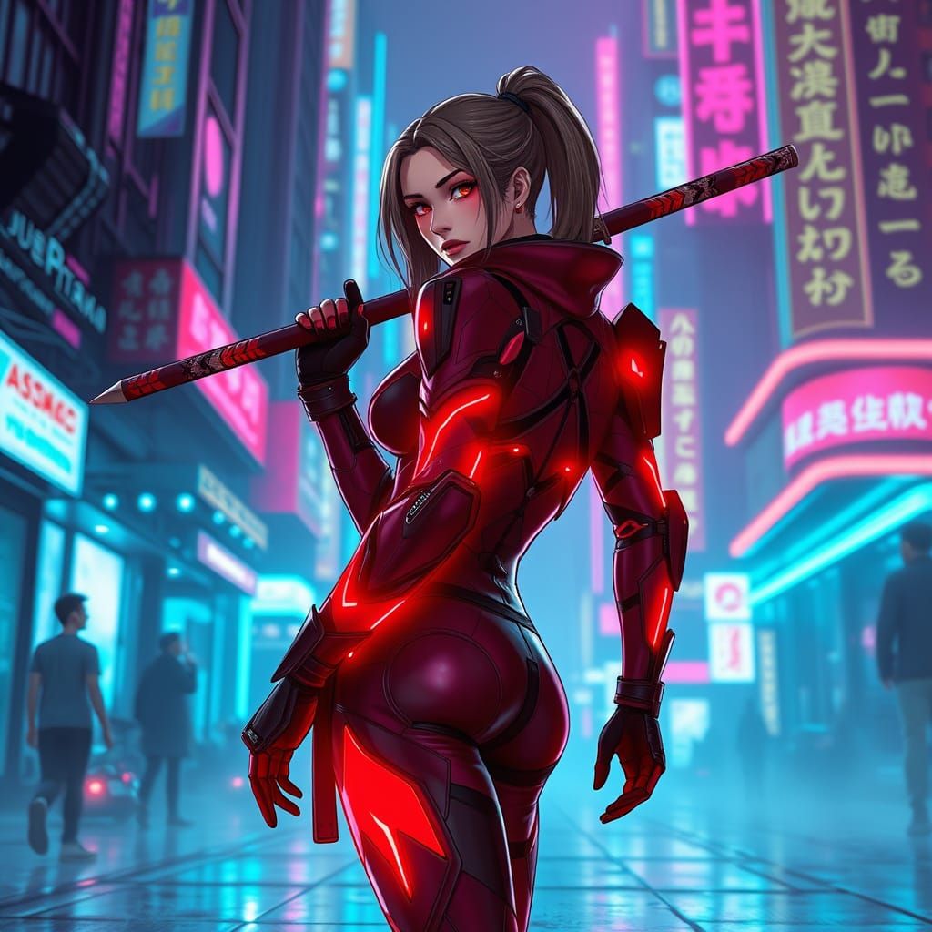 Cyberpunk Anime Woman With Katana in Neon City