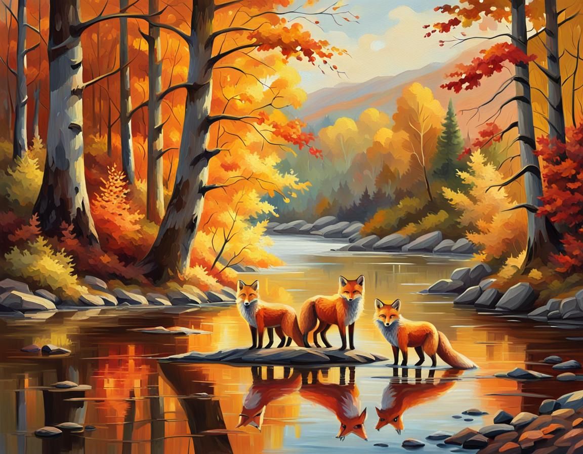 Fox Family in Autumn Forest: Impressionist Oil Painting