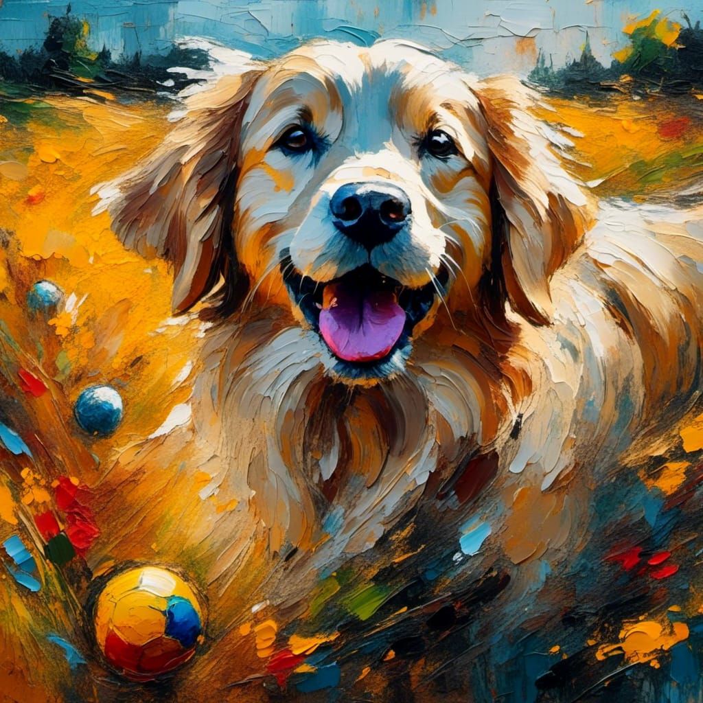 Golden Retriever with Ball: Expressionist Oil Painting