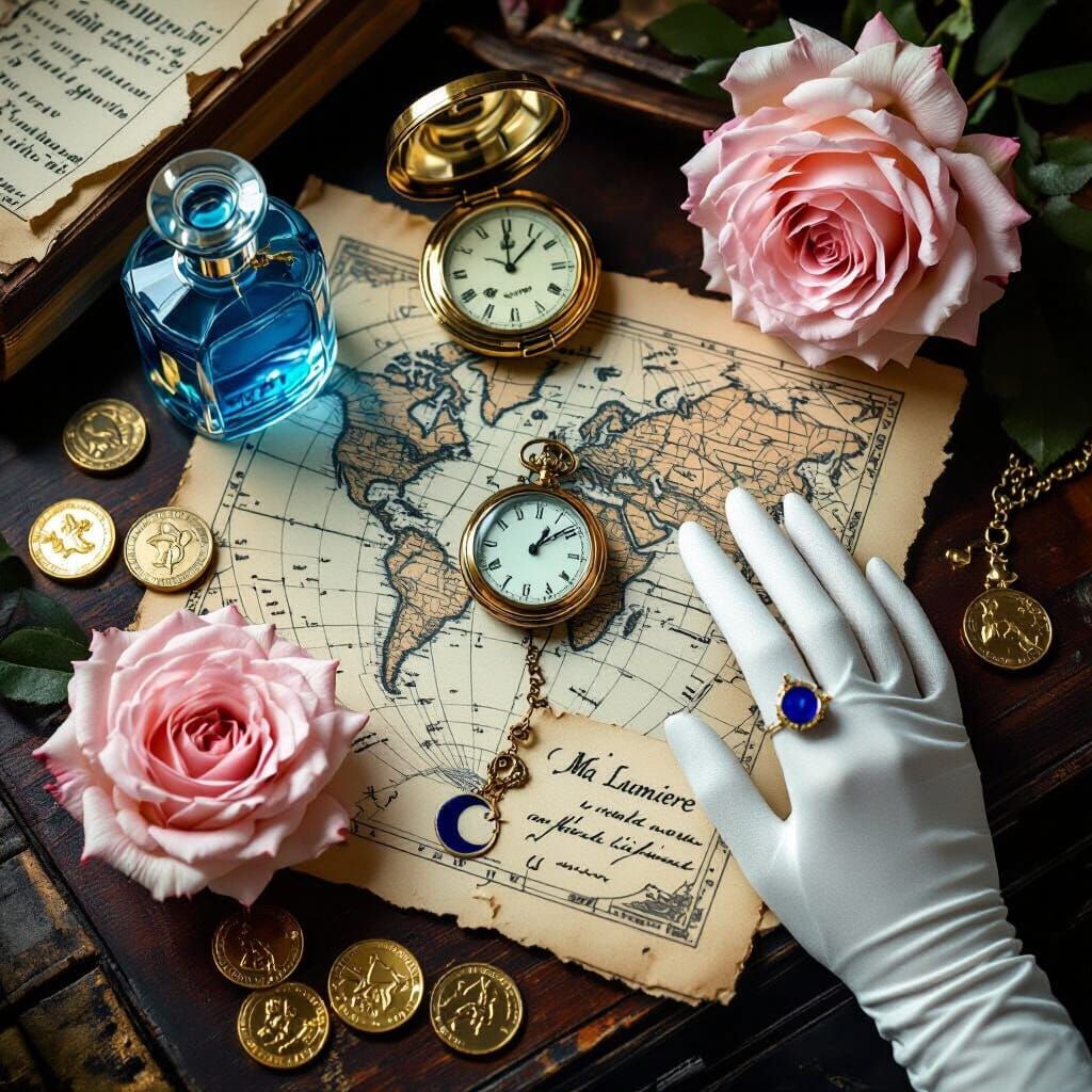 Dramatic Still Life with Moon Ring and Rose