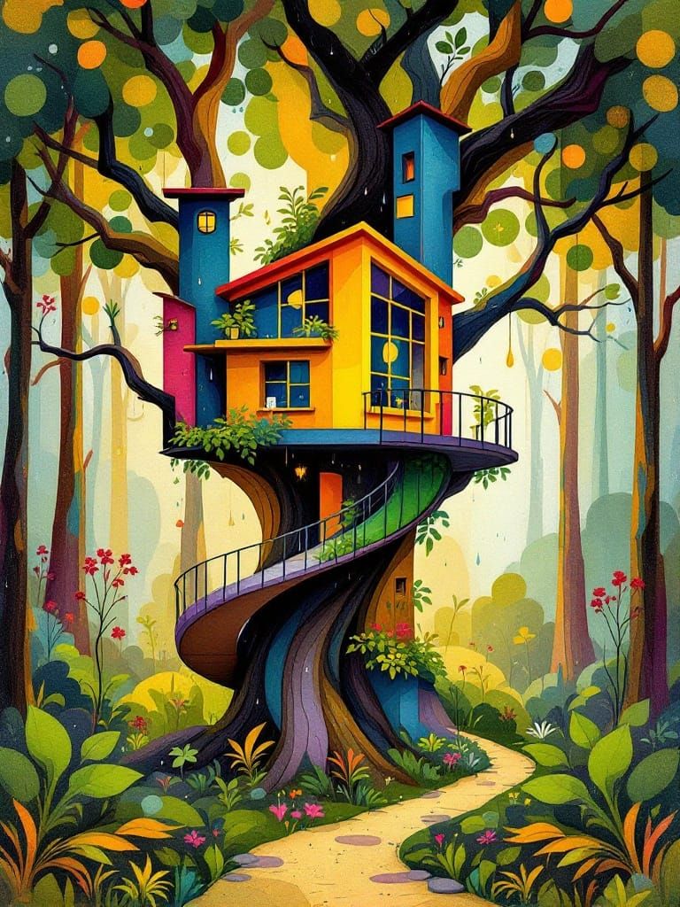 Dreamlike Cubist Treehouse in Whimsical Forest