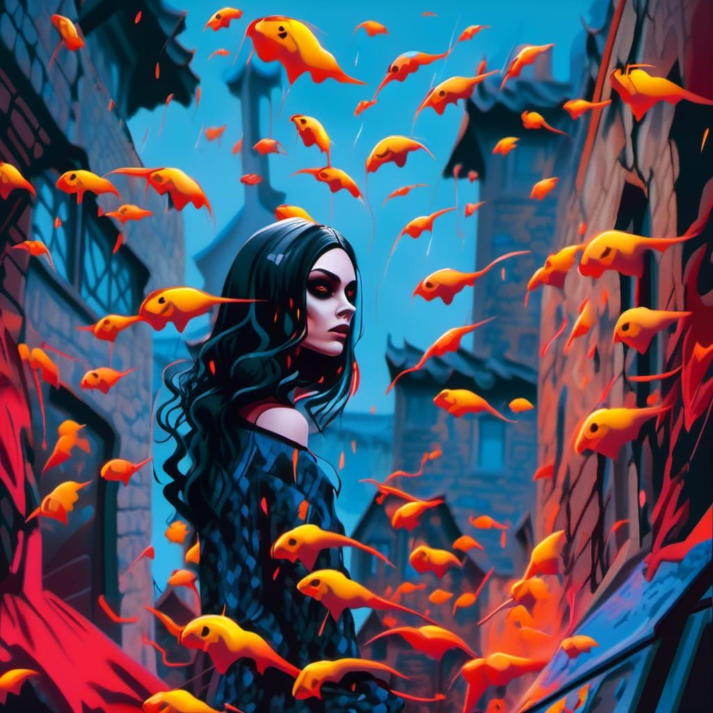 Gothic Funeral Scene in Graffiti Art Style