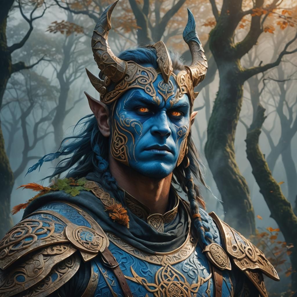 Fierce Celtic Warrior Portrait in Misty Forest
