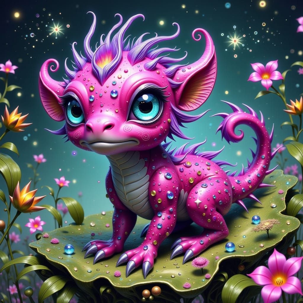Whimsical Fuchsia Fae in Lush Dreamlike Landscape