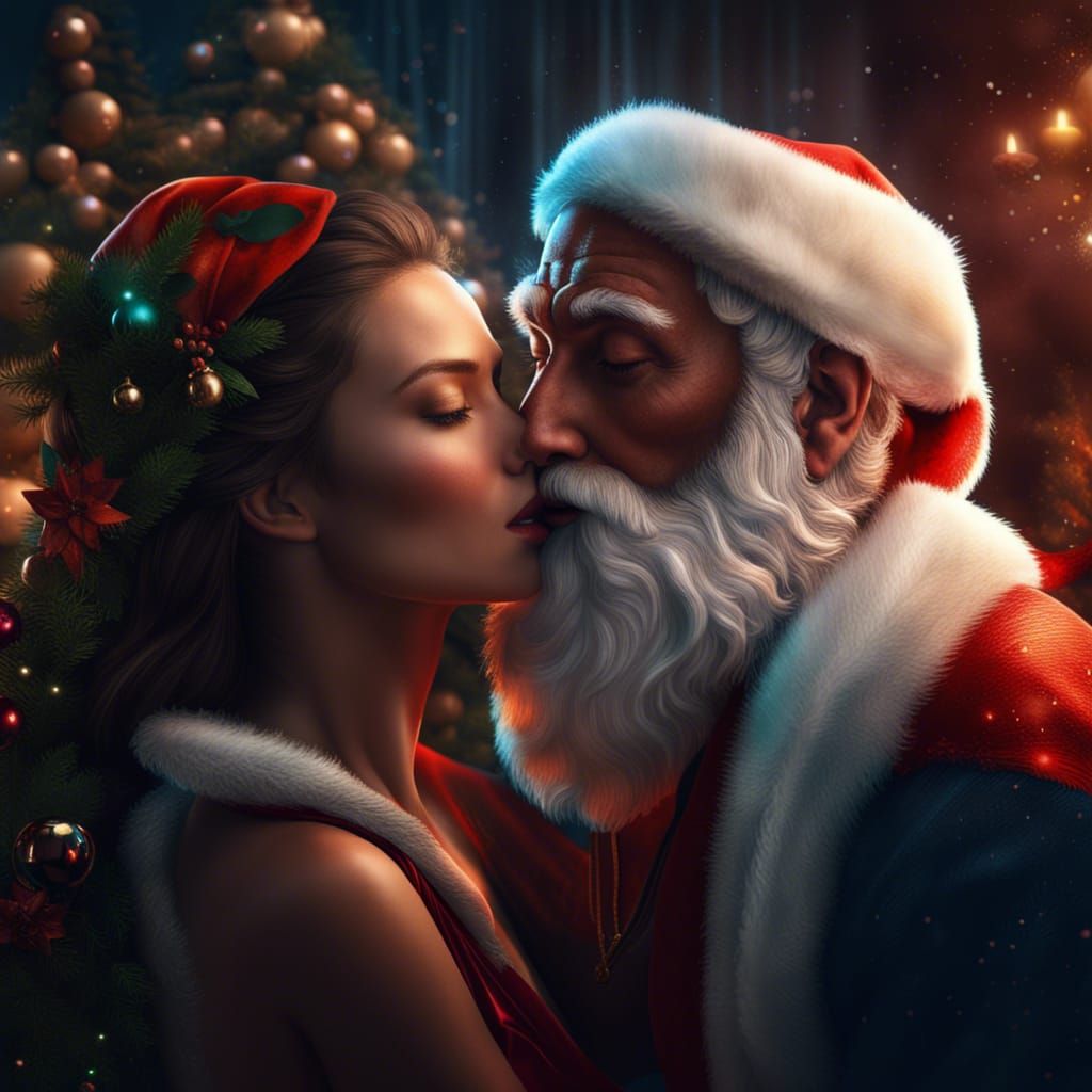 Beautiful Woman Kisses Santa Claus Portrait