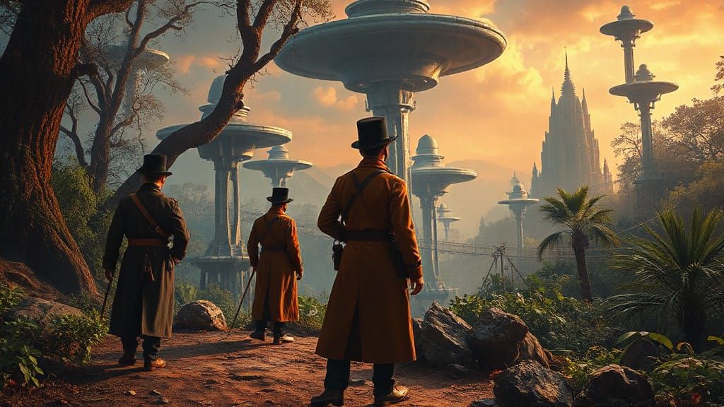 Settlers Explore Alien Jungle in Surrealist Oil Painting