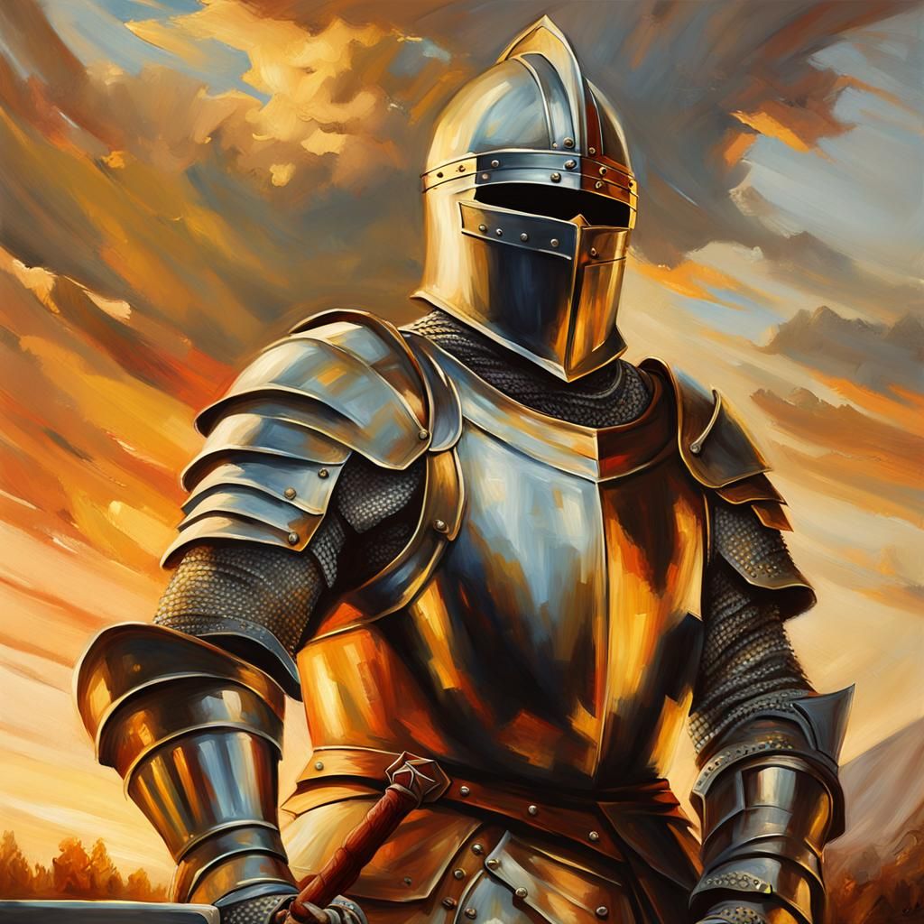 Heroic Knight in Armor: Oil Painting with Golden Light