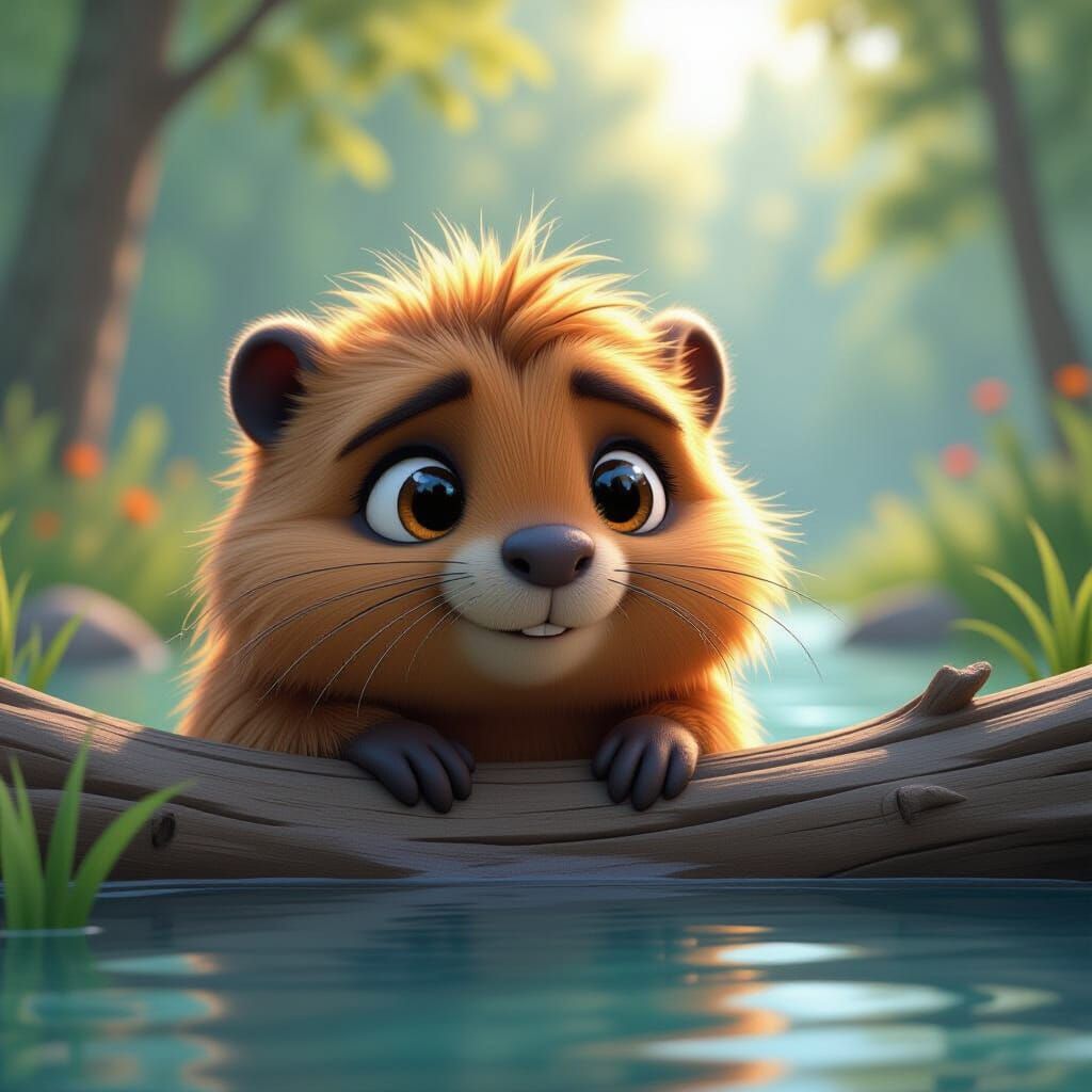 Cute Fluffy Beaver Hiding in Log - Pixar Style