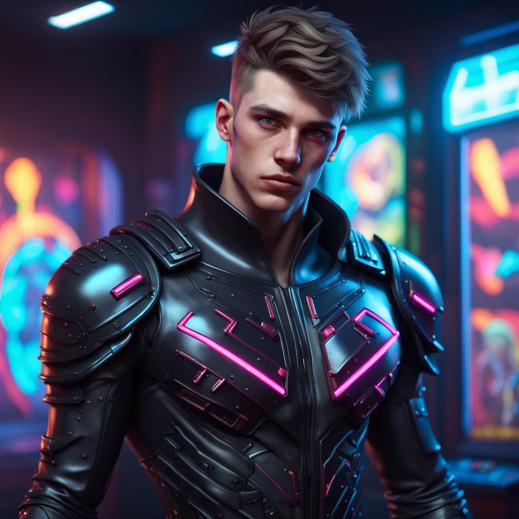 British Lad in Cyberpunk Arcade, Hyperrealistic Art