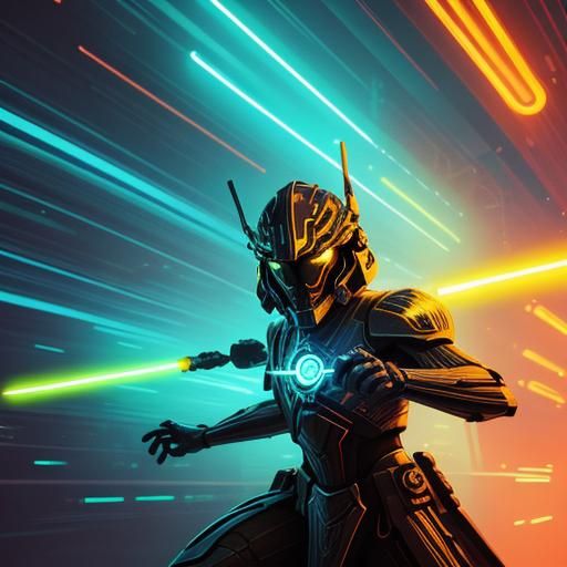 Jedi Wields Glowing Wood Saber in Neon Futurism