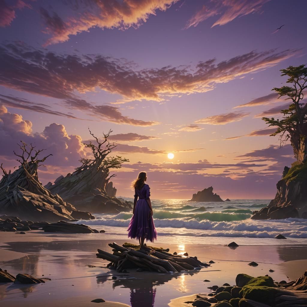 Serene Figure at Ocean's Edge: Surreal Digital Painting